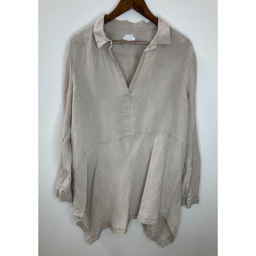 J.Jill Love Linen Beige V-Neck Asymmetrical Tunic Top XL Petite Lagonlook Relax - Picture 2 of 12